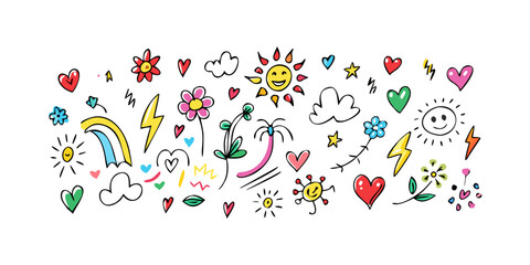 Colorful hand drawn doodle elements with transparent background