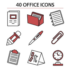 Collection of 40 office icons with red and black accents on white stationery paper