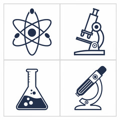 Four science and chemistry icons in dark blue on a white background atom molecule