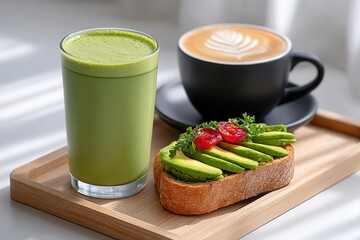 Avocado toast topped with cherry tomatoes and fresh herbs served alongside a green smoothie and latte. Healthy breakfast concept.
