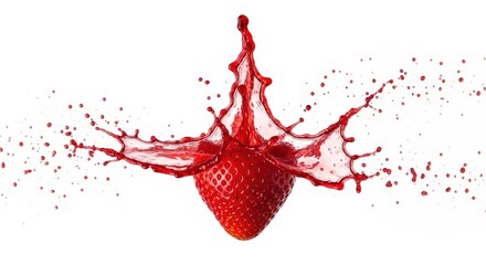 Fresh Strawberry Splashing in Red Juice Creating Dynamic Water Droplets and Vibrant Colors