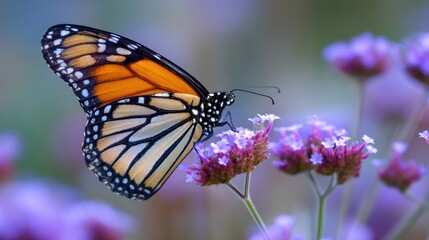 Fototapeta premium A close-up of a monarch butterfly on a purple flower, with delicate wings open, capturing the intricate patterns of orange, black, and white.