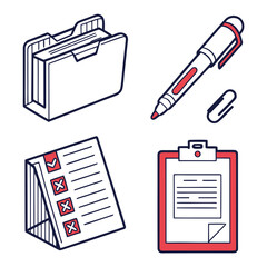 Office Supplies Folder Pen Checklist Clipboard Isolated Icons Keywords: folder, document folder, pen