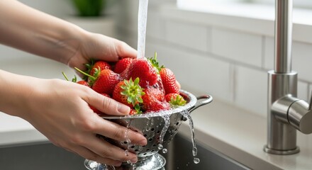 Freshly Washed Red Strawberries Being Rinsed in Metal Colander Under Running Water in Kitchen