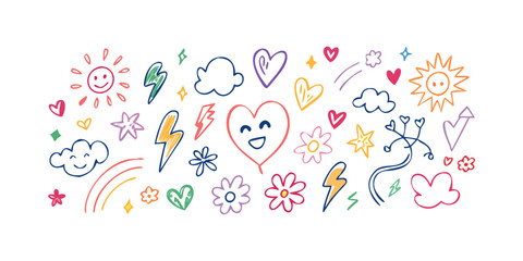Colorful hand drawn doodle icons with transparent background