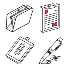 Office Supplies Folder Clipboard ID Card Pen Writing Isolated Icons Keywords: folder, document folder