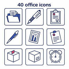 Collection of 40 office icons including folder pen clipboard and alarm clock document