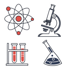 Science icons atom microscope test tubes and flask on white background atomic model