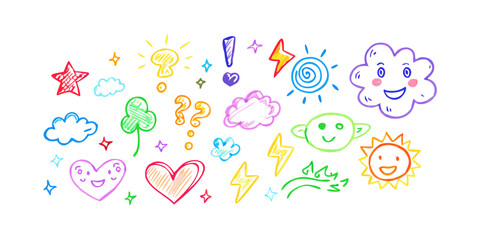 Colorful hand drawn doodles with faces and weather symbols