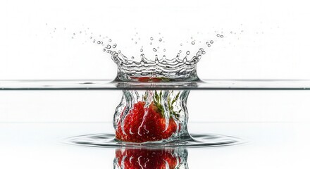 Fresh Strawberry Splashing in Clear Water with Droplets and Ripples on White Background