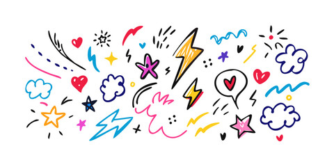 Colorful Hand Drawn Doodles with Hearts and Stars marker pen