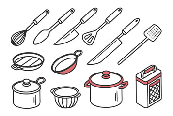 Assorted Hand Drawn Kitchen Utensils and Cookware Icons Keywords: whisk, spoon, knife, spatula, grater