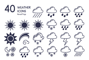 Collection of 40 Hand Drawn Weather Icons in Dark Blue forecast