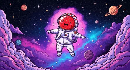Naklejka premium Cute astronaut floating in outer space with vibrant colors and whimsical planets in background
