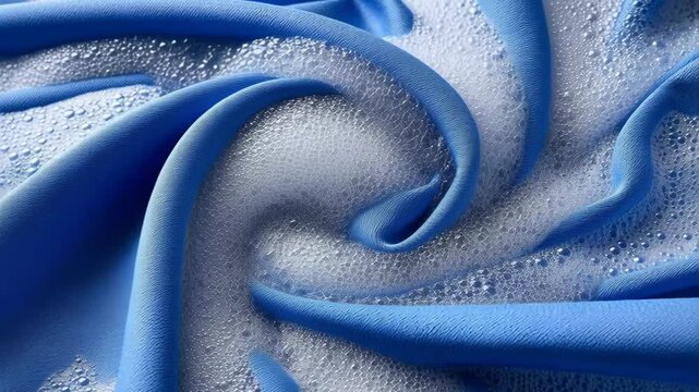 Close-up of vibrant blue fabric being washed in foamy, bubbly water, creating a clean, fresh textile care scene.