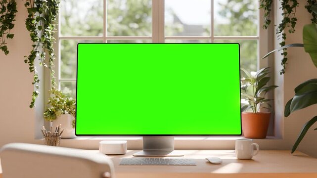 Computer monitor green screen mockup falling onto desk &ndash; surreal motion &ndash; luma matte & tracking clip included