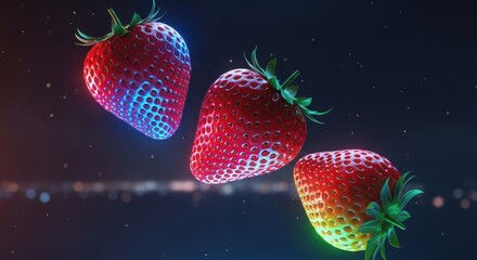 Vibrant Strawberries with a Colorful Glow Floating in a Dark Background with Bokeh Effect