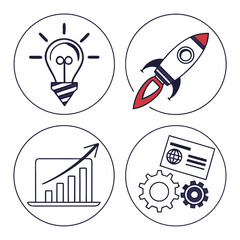 Four circular icons representing business startup concepts lightbulb rocket graph and gears Keywords