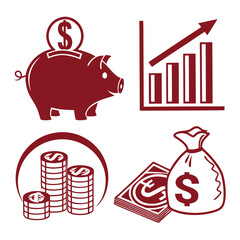 Red financial icons with piggy bank money bag coins and chart Keywords: piggy bank, money bag, coins