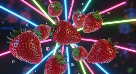Vibrant Strawberries Surrounded by Colorful Neon Rays and Sparkling Elements in a Dark Background