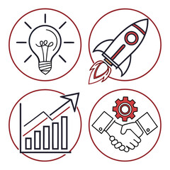 Four circular icons for business startup idea launch growth and partnership with red accents Keywords