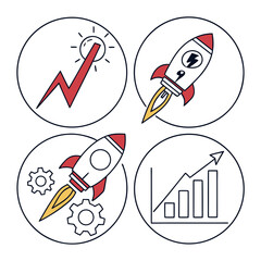 Business startup concept icons with color lightning rocket and graph launch bolt