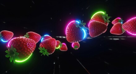 Colorful neon strawberries in motion with vibrant glowing lights against a dark background