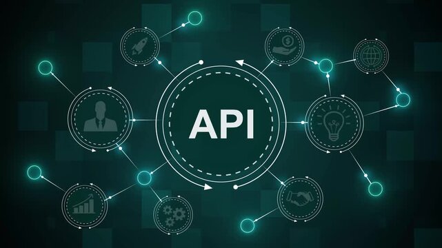 API Integration concept animation with tech icons.