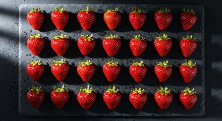 Fresh Red Strawberries Arranged Neatly on a Slate Board with Water Drops and Shadow Play