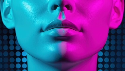 Close up of a plaster bust illuminated by vibrant neon pink and cyan lights.