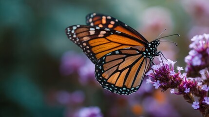 Fototapeta premium A close-up of a monarch butterfly on a purple flower, with delicate wings open, capturing the intricate patterns of orange, black, and white.
