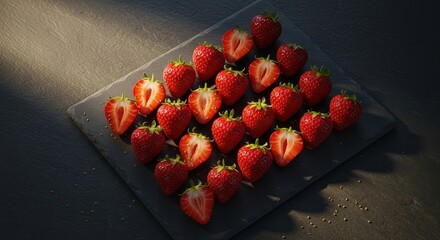 Freshly Sliced Strawberries Arranged in a Unique Pattern on a Dark Slate Surface
