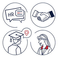 Human resources concepts with graduation cap and location pin icons handshake communication