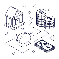 Isometric financial elements bank coins money and piggy bank illustration Keywords: finance, money