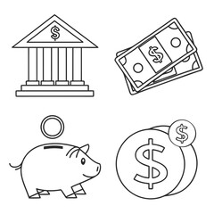 Financial icons bank money piggy bank coin and dollar symbols Keywords: finance, money, bank, building