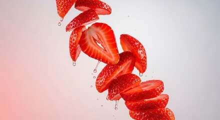 Fresh Juicy Strawberries Falling with Water Droplets on a Gradient Background