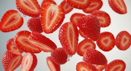 Fresh and Juicy Sliced Strawberries Floating in Air with Water Droplets Splashing