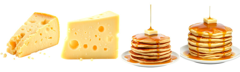 Yellow Emmental cheese wedges with distinctive holes Stacks of fluffy golden pancakes drenched in maple syrup butter