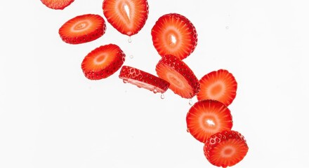 Fresh Strawberry Slices Falling in Air with Water Drops Isolated on White Background