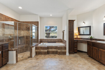 A bathroom featuring a tub, a sink, a mirror, and a walk in shower