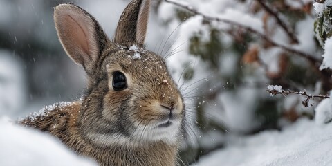 Fototapeta premium Wildlife candid close-up, small brown rabbit sitting in deep snow, twitching nose, snowflakes resting on fur, alert ears, low angle shot, blurred winter bushes background