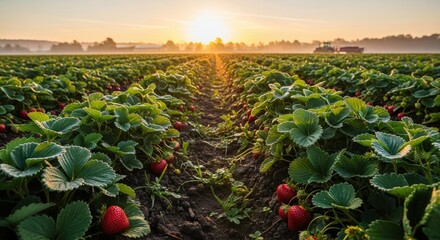 Morning Sunrise Over Strawberry Field with Dewdrops and Harvesting Equipment in the Distance