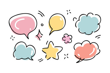 Colorful hand drawn speech bubbles and stars with transparent background