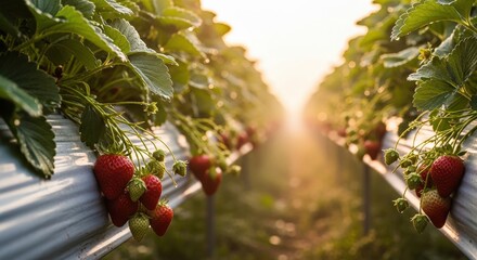 Fresh Strawberries Growing in Fields under Warm Sunset Light with Lush Green Leaves
