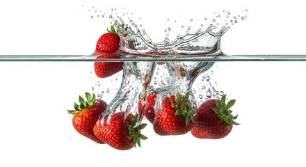 Fresh Strawberries Splashing into Water Creating Bubbles and Waves