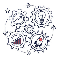 Business growth concept with gears, rocket, and lightbulb vector illustration