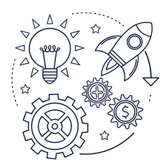 Startup idea and finance concept with rocket and gears vector illustration
