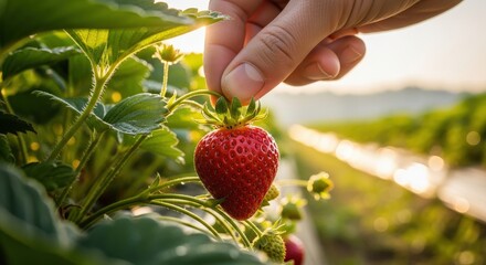 Hand Plucking Fresh Red Strawberry from Lush Green Plant in Sunlit Field Background
