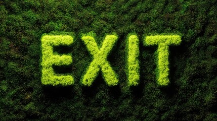 single, illuminated EXIT sign, but the sign is made of lush, green moss and leaves, sustainable exit strategy concept 