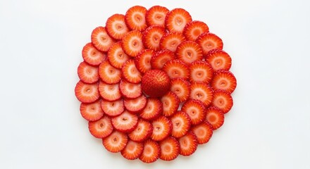 Beautifully Arranged Sliced Strawberries in an Artistic Circular Pattern on White Background